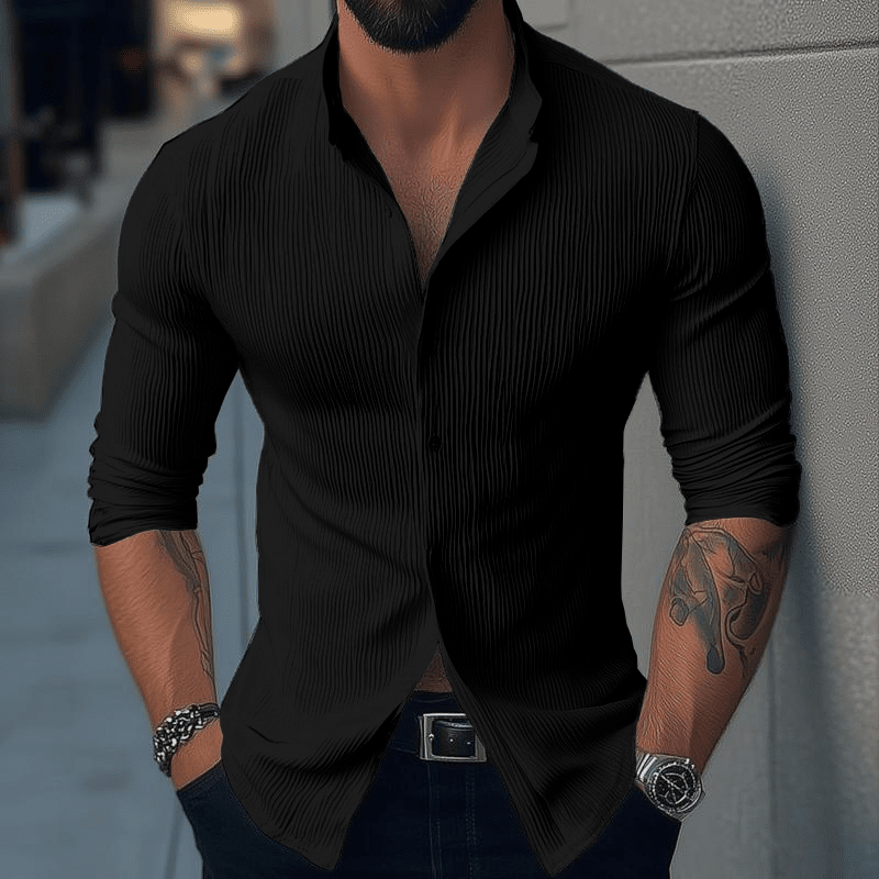 Herren Hemd Stehkragen Slim Fit | Freizeithemd mit Faltenstruktur weiß [ Herrenkollektion - Langarmhemden - Sommerlangarm ] 159 - Herren Hemd Stehkragen Slim Fit Gratti Paris Schwarz S 