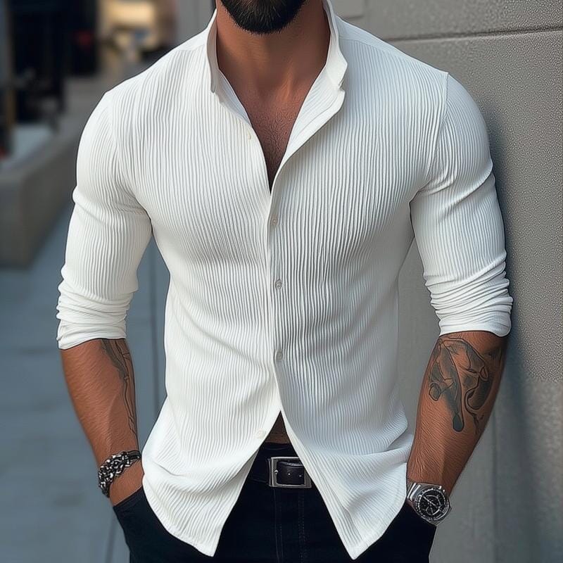 Herren Hemd Stehkragen Slim Fit | Freizeithemd mit Faltenstruktur weiß [ Herrenkollektion - Langarmhemden - Sommerlangarm ] 159 - Herren Hemd Stehkragen Slim Fit Gratti Paris Weiß S 