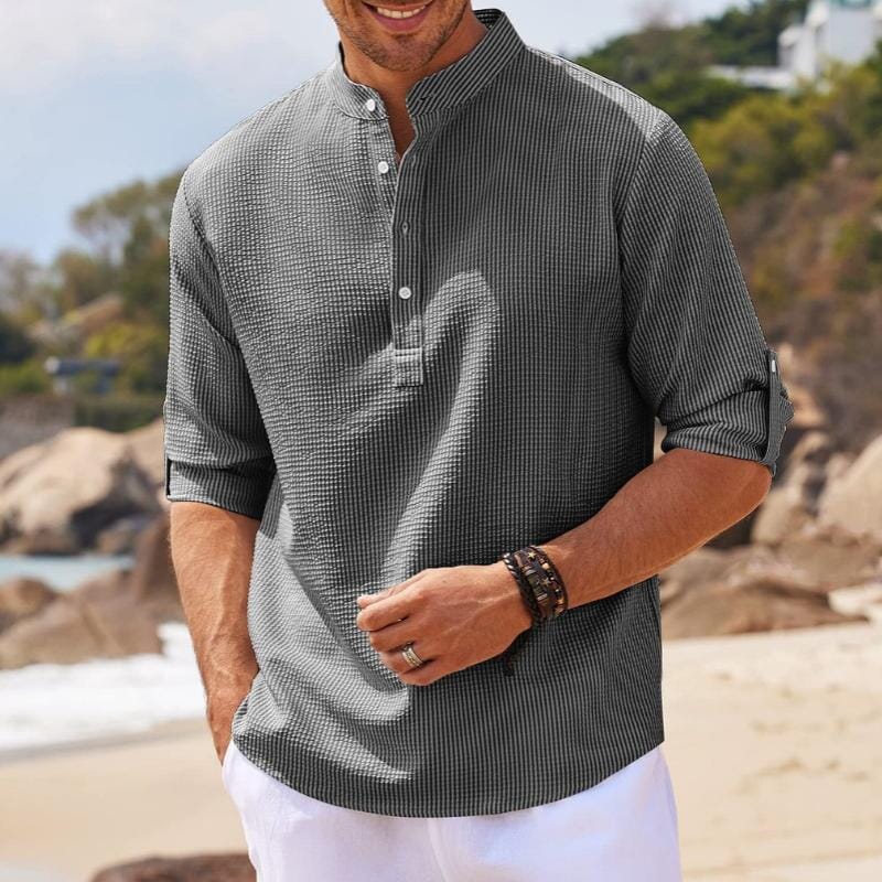 Herren Hemd Stehkragen | Waffelstruktur Freizeithemd schwarz [ Herrenkollektion - Langarmhemden - Sommerlangarm ] 70 - Herren Hemd Stehkragen Gratti Paris 
