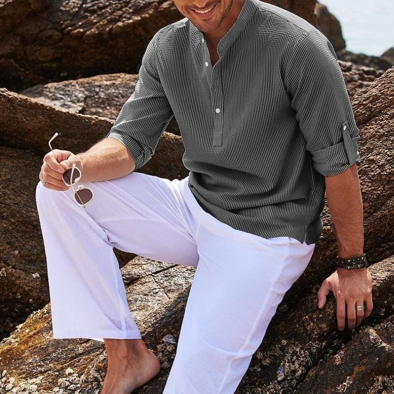 Herren Hemd Stehkragen | Waffelstruktur Freizeithemd schwarz [ Herrenkollektion - Langarmhemden - Sommerlangarm ] 70 - Herren Hemd Stehkragen Gratti Paris 