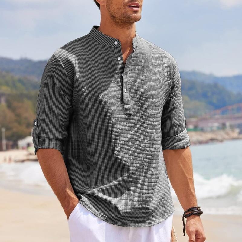 Herren Hemd Stehkragen | Waffelstruktur Freizeithemd schwarz [ Herrenkollektion - Langarmhemden - Sommerlangarm ] 70 - Herren Hemd Stehkragen Gratti Paris Grau M 