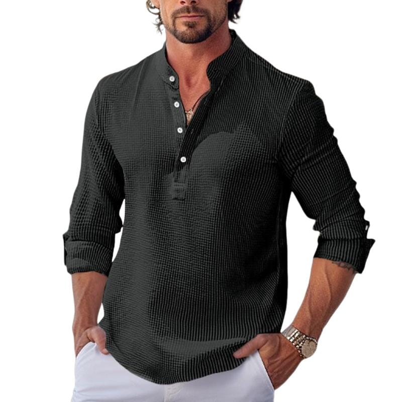 Herren Hemd Stehkragen | Waffelstruktur Freizeithemd schwarz [ Herrenkollektion - Langarmhemden - Sommerlangarm ] 70 - Herren Hemd Stehkragen Gratti Paris Schwarz M 