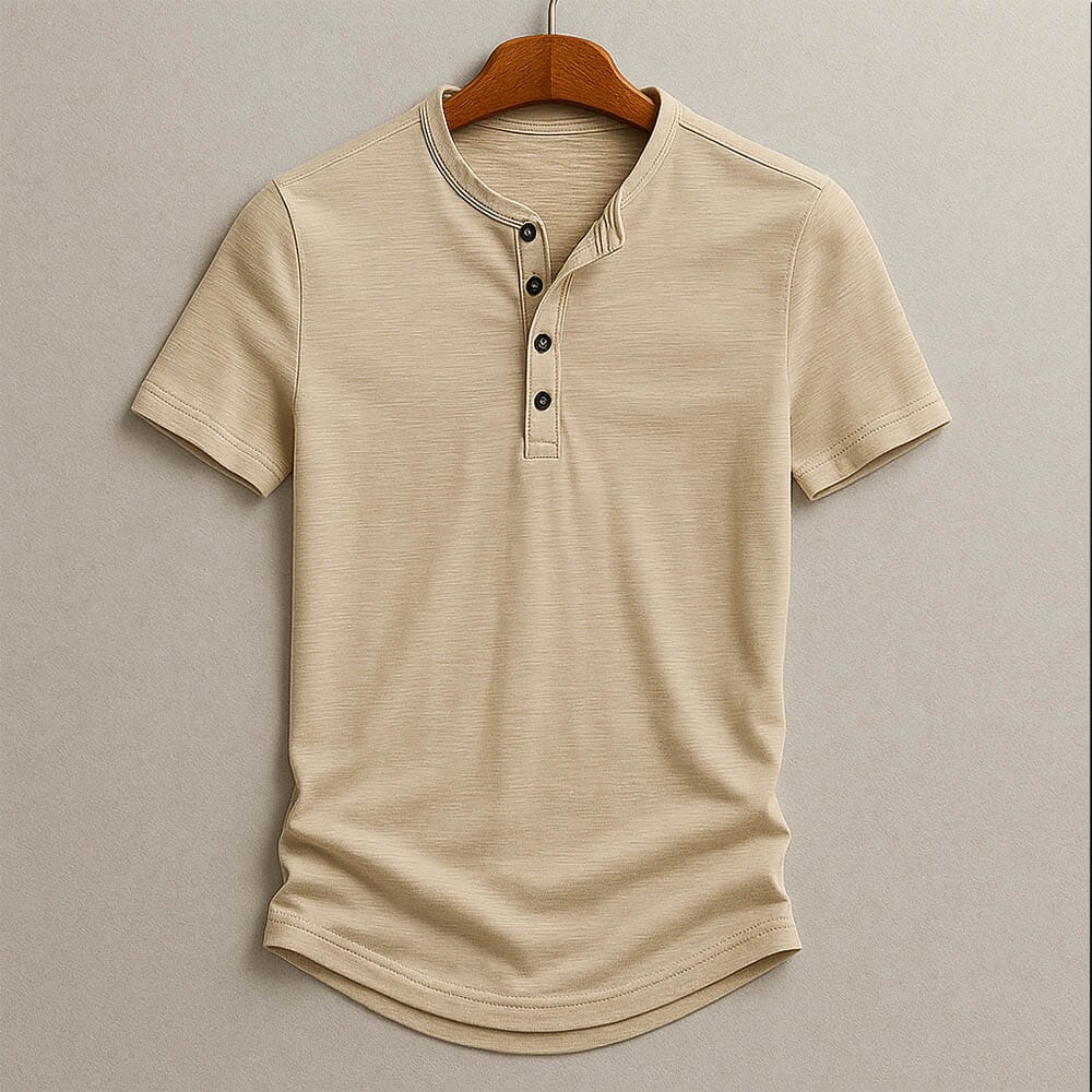 Herren Henley Shirt Kurzarm | Basic T-Shirt mit Knopfleiste [ Herrenkollektion - Frühling & Sommer '25 - Hemden ] 9 - Herren Henley Shirt Kurzarm Gratti Paris Beige S 