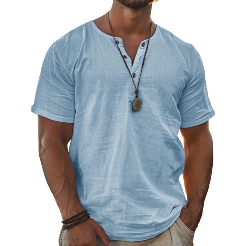 Herren Henley Shirt Kurzarm | Lässiges Sommerhemd Baumwoll-Leinen weiß [ Herrenkollektion - Leinenhemden - Frühling & Sommer '25 ] 136 - Herren Henley Shirt Kurzarm Gratti Paris Blau S 