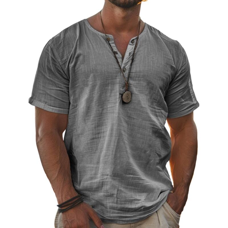 Herren Henley Shirt Kurzarm | Lässiges Sommerhemd Baumwoll-Leinen weiß [ Herrenkollektion - Leinenhemden - Frühling & Sommer '25 ] 136 - Herren Henley Shirt Kurzarm Gratti Paris Grau S 