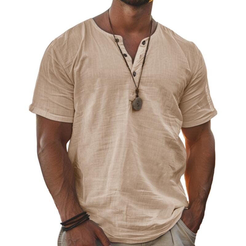 Herren Henley Shirt Kurzarm | Lässiges Sommerhemd Baumwoll-Leinen weiß [ Herrenkollektion - Leinenhemden - Frühling & Sommer '25 ] 136 - Herren Henley Shirt Kurzarm Gratti Paris Khaki S 