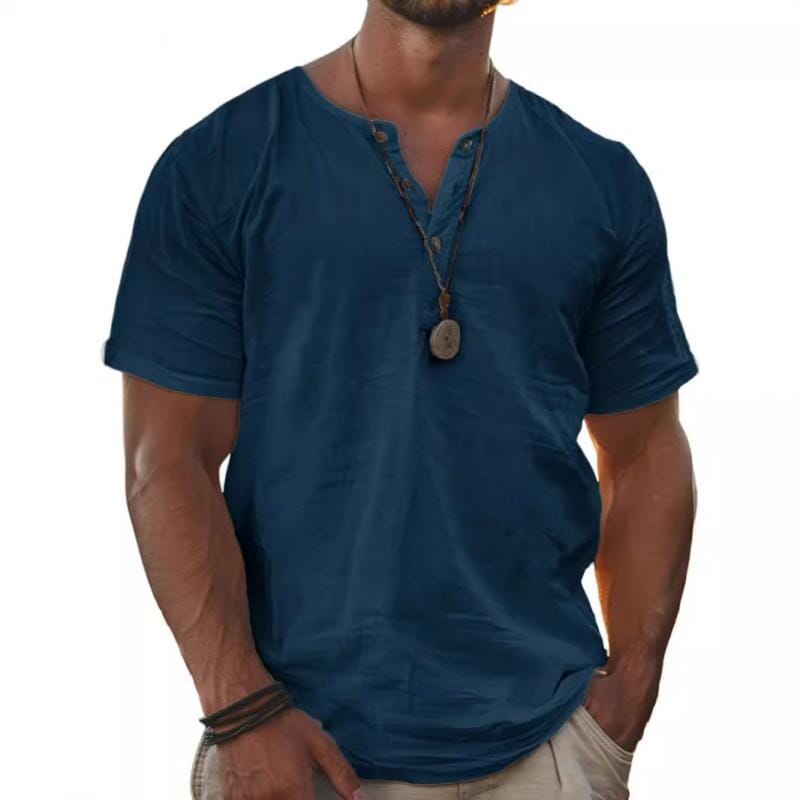 Herren Henley Shirt Kurzarm | Lässiges Sommerhemd Baumwoll-Leinen weiß [ Herrenkollektion - Leinenhemden - Frühling & Sommer '25 ] 136 - Herren Henley Shirt Kurzarm Gratti Paris Marineblau S 