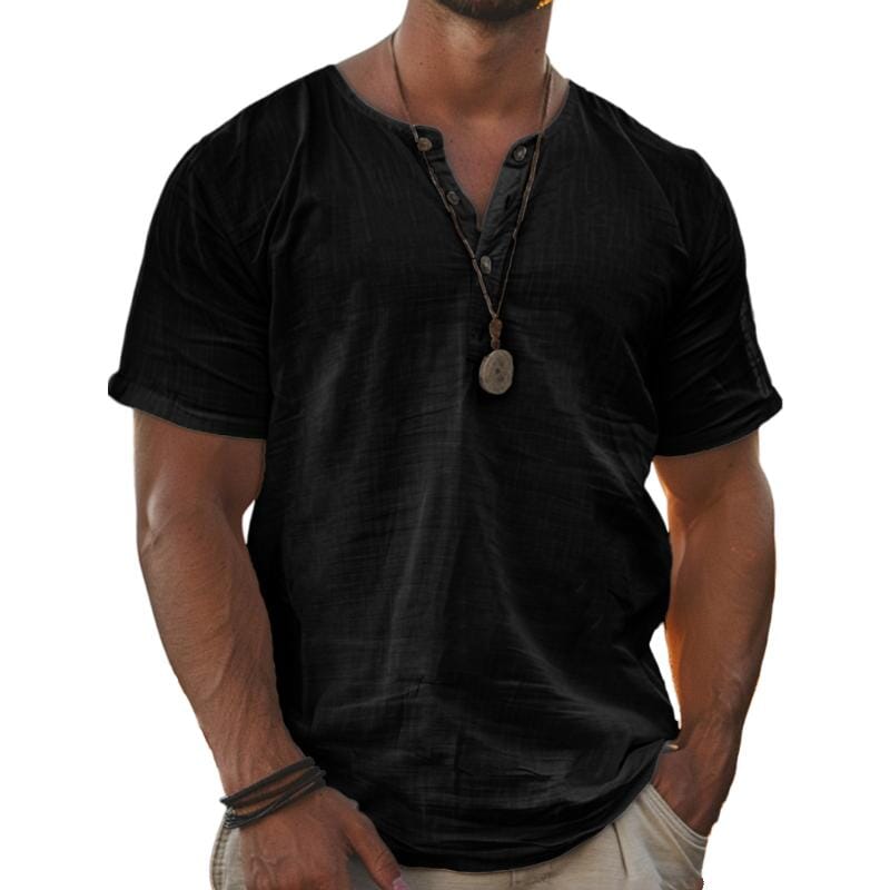 Herren Henley Shirt Kurzarm | Lässiges Sommerhemd Baumwoll-Leinen weiß [ Herrenkollektion - Leinenhemden - Frühling & Sommer '25 ] 136 - Herren Henley Shirt Kurzarm Gratti Paris Schwarz S 