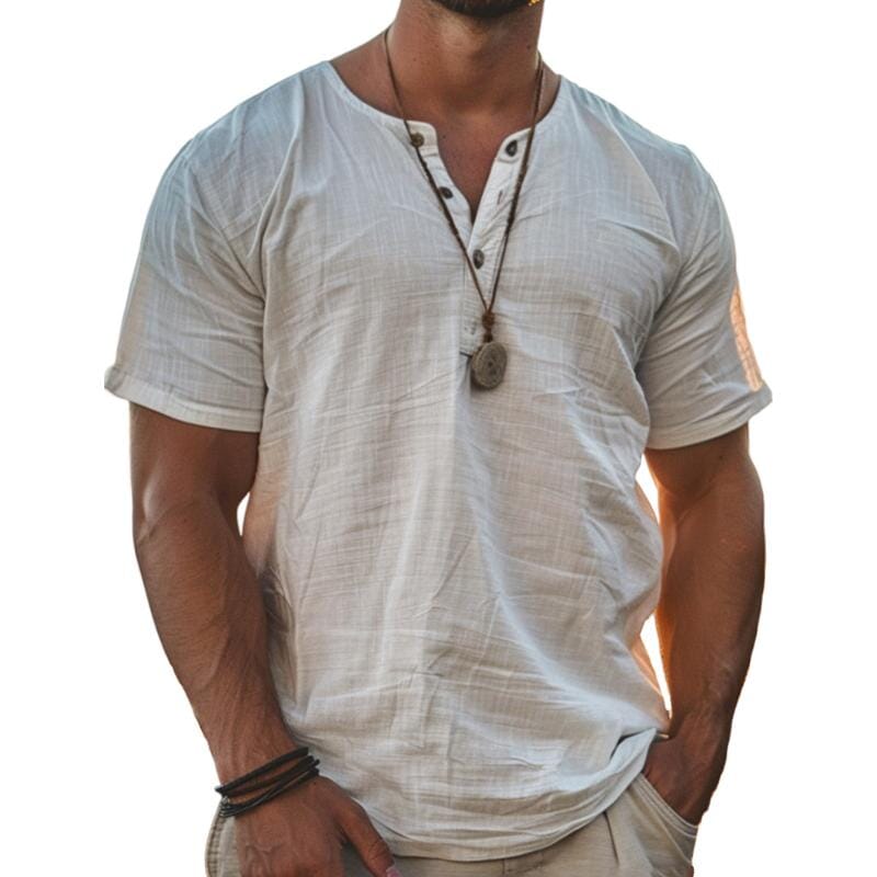 Herren Henley Shirt Kurzarm | Lässiges Sommerhemd Baumwoll-Leinen weiß [ Herrenkollektion - Leinenhemden - Frühling & Sommer '25 ] 136 - Herren Henley Shirt Kurzarm Gratti Paris Weiß S 