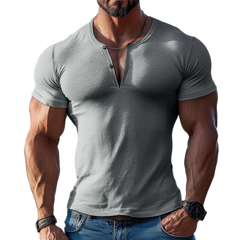 Herren Henley Shirt Kurzarm Slim Fit | Lässiges Freizeit T-Shirt grau [ Herrenkollektion - Frühling & Sommer '25 - Hemden ] 75 - Herren Henley Shirt Kurzarm Slim Fit Gratti Paris 