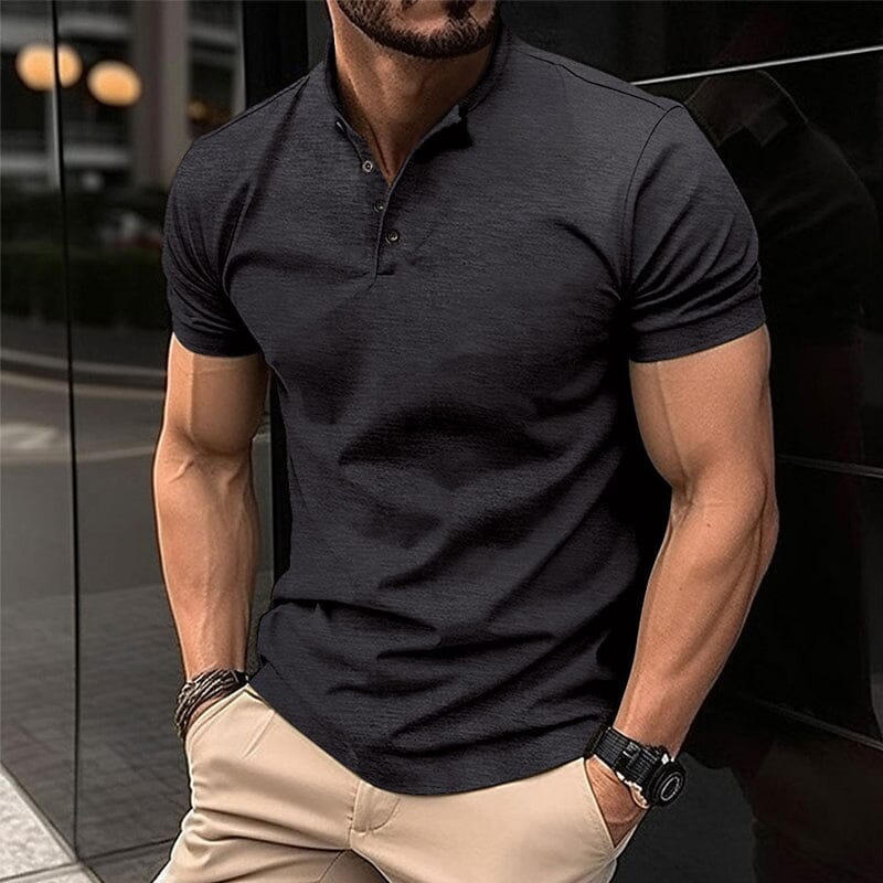 Herren Henley Shirt Kurzarm Slim Fit | Sportliches Stehkragen T-Shirt olivgrün [ Herrenkollektion - Poloshirts - Frühling & Sommer '25 ] 87 - Herren Henley Shirt Kurzarm Slim Fit Gratti Paris Schwarz XS 