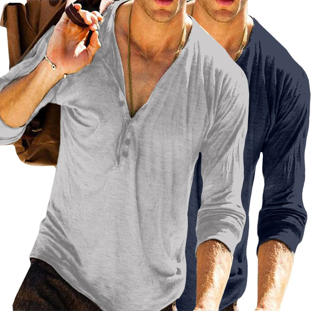 Herren Henley Shirt Langarm | Lässiges V-Ausschnitt Freizeitshirt grau [ Herrenkollektion - Langarmhemden - Sommerlangarm ] 34 - Herren Henley Shirt Langarm Gratti Paris 