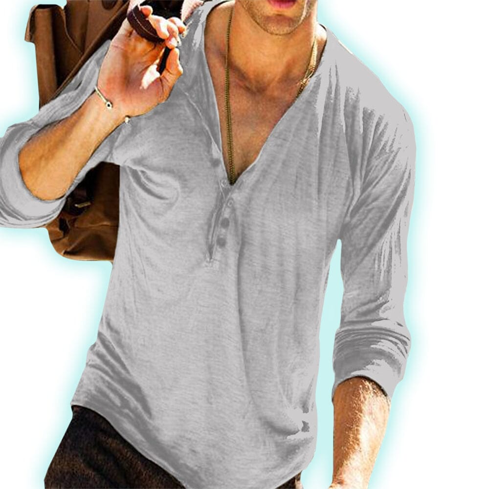 Herren Henley Shirt Langarm | Lässiges V-Ausschnitt Freizeitshirt grau [ Herrenkollektion - Langarmhemden - Sommerlangarm ] 34 - Herren Henley Shirt Langarm Gratti Paris 