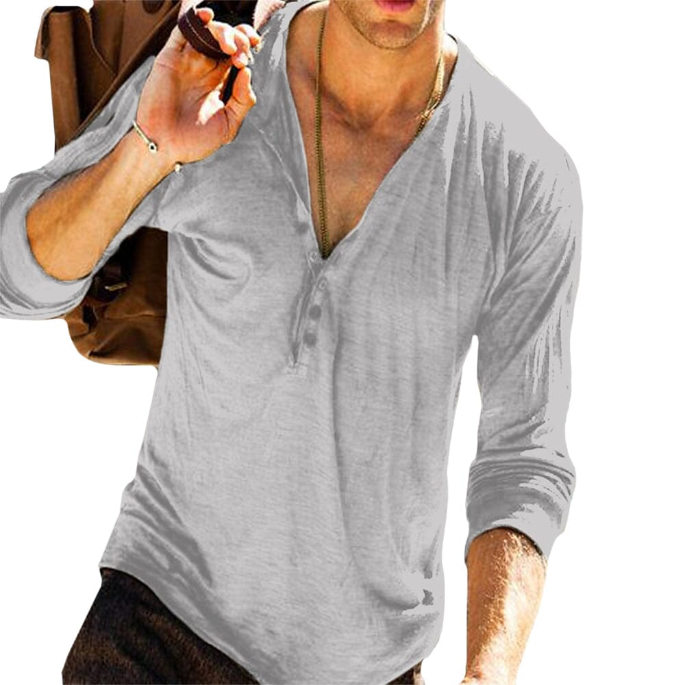 Herren Henley Shirt Langarm | Lässiges V-Ausschnitt Freizeitshirt grau [ Herrenkollektion - Langarmhemden - Sommerlangarm ] 34 - Herren Henley Shirt Langarm Gratti Paris Grau S 