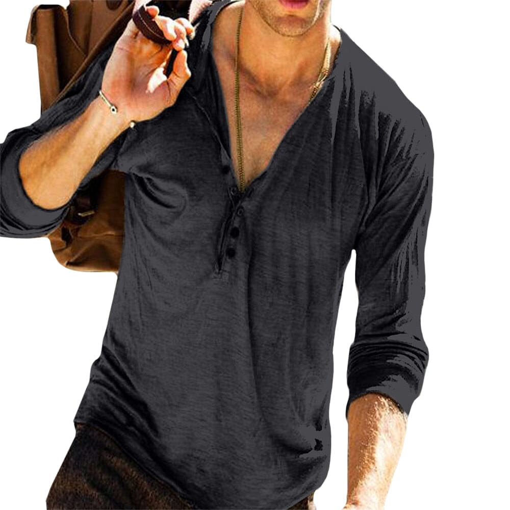 Herren Henley Shirt Langarm | Lässiges V-Ausschnitt Freizeitshirt grau [ Herrenkollektion - Langarmhemden - Sommerlangarm ] 34 - Herren Henley Shirt Langarm Gratti Paris Schwarz S 