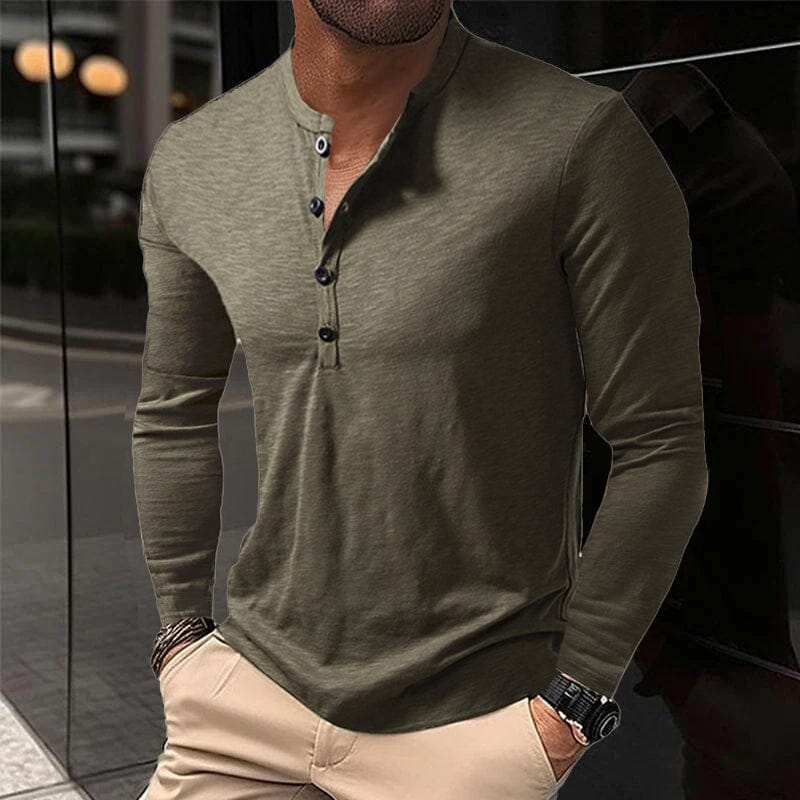 Herren Henley Shirt langarm Slim Fit | Freizeitshirt mit Stehkragen olivgrün [ Herrenkollektion - Langarmhemden - Sommerlangarm ] 71 - Herren Henley Shirt langarm Slim Fit Gratti Paris 