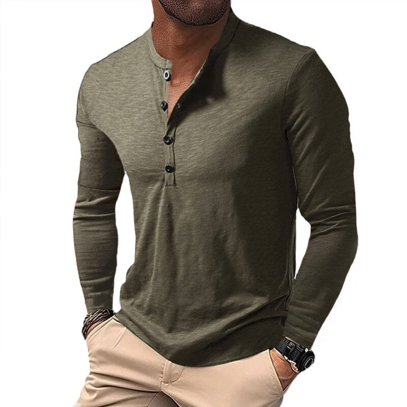 Herren Henley Shirt langarm Slim Fit | Freizeitshirt mit Stehkragen olivgrün [ Herrenkollektion - Langarmhemden - Sommerlangarm ] 71 - Herren Henley Shirt langarm Slim Fit Gratti Paris Armeegrün S 