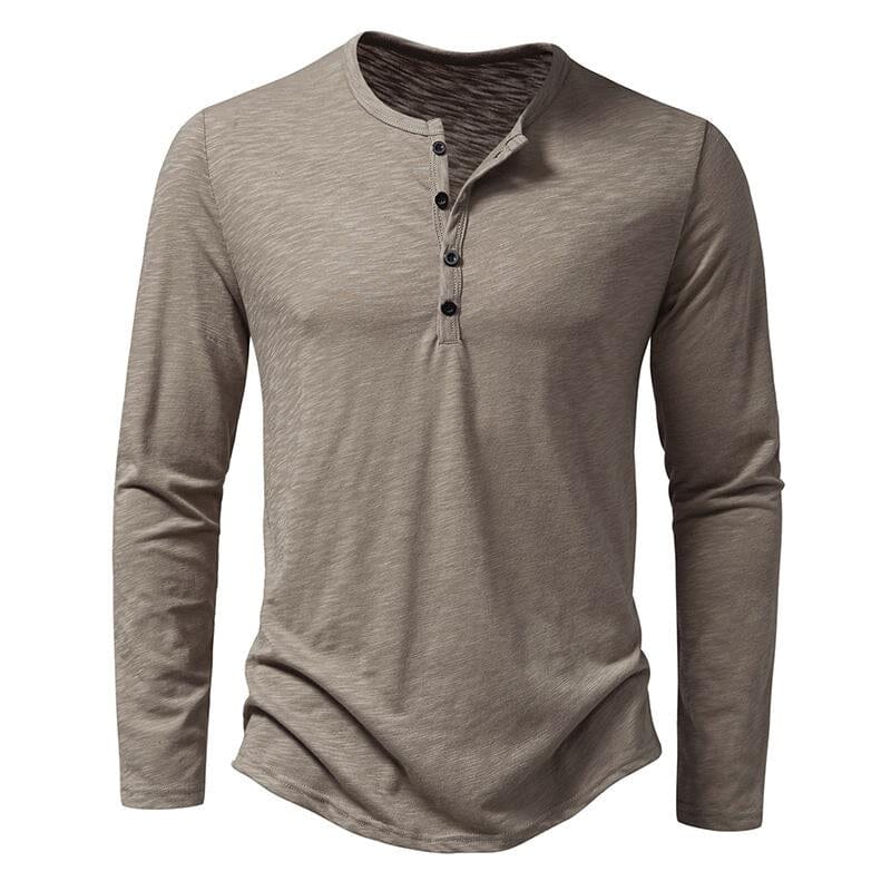 Herren Henley Shirt langarm Slim Fit | Freizeitshirt mit Stehkragen olivgrün [ Herrenkollektion - Langarmhemden - Sommerlangarm ] 71 - Herren Henley Shirt langarm Slim Fit Gratti Paris Khaki S 