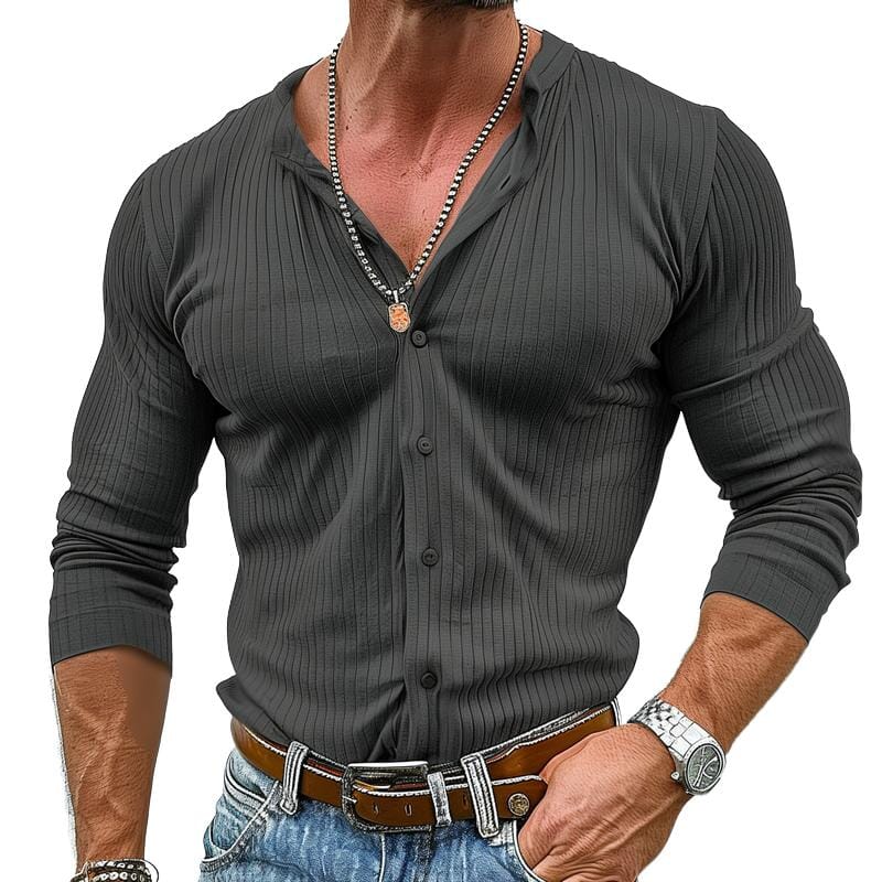 Herren Henley Shirt langarm Slim Fit | Geripptes Muskelshirt mit Knopfleiste grau [ Herrenkollektion - Langarmhemden - Sommerlangarm ] 89 - Herren Henley Shirt langarm Slim Fit Gratti Paris 