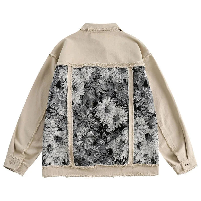Herren Jeansjacke im Patchwork-Design | Vintage Blumen-Jacke mit Fransen-Details [ Herrenkollektion - Jacken - Frühling & Sommer '25 ] 191 - Herren Jeansjacke im Patchwork-Design Gratti Offiziell 