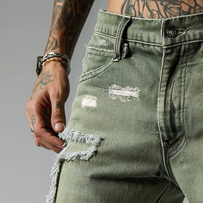 Herren Jeansshorts Vintage Destroyed | Used-Look Shorts mit Rissen olivgrün [ Herrenkollektion - Shorts - Frühling & Sommer '25 ] 154 - Herren Jeansshorts Vintage Destroyed Gratti Paris 