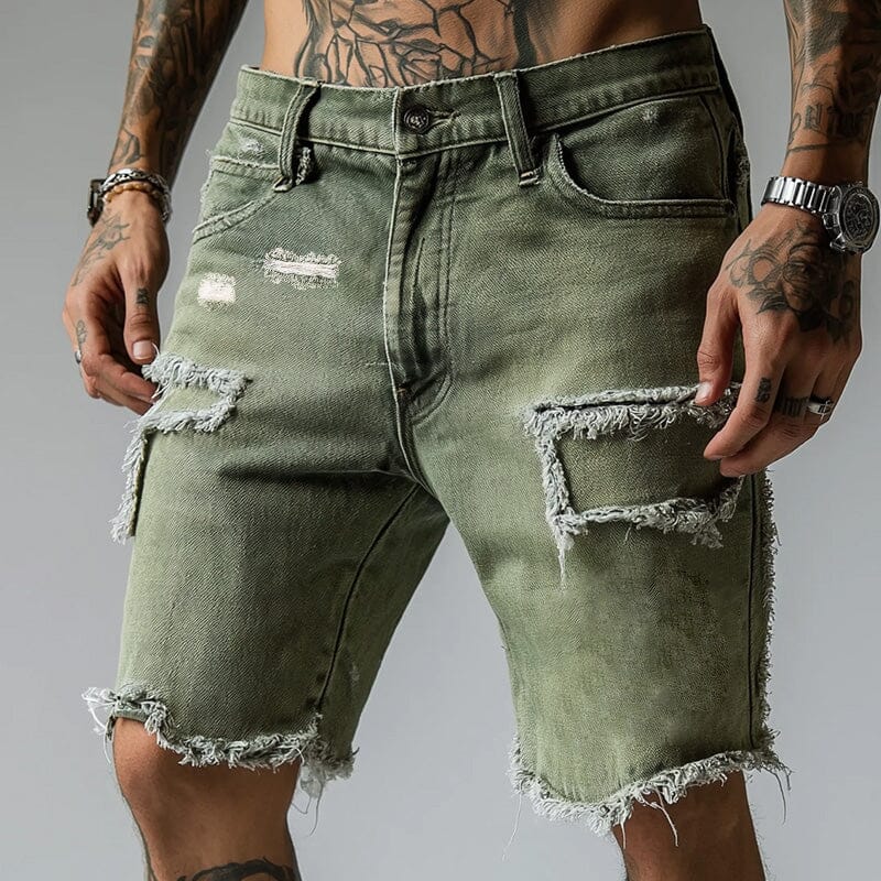 Herren Jeansshorts Vintage Destroyed | Used-Look Shorts mit Rissen olivgrün [ Herrenkollektion - Shorts - Frühling & Sommer '25 ] 154 - Herren Jeansshorts Vintage Destroyed Gratti Paris Grün S 