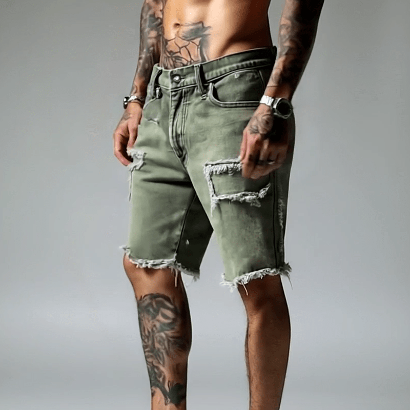Herren Jeansshorts Vintage Destroyed | Used-Look Shorts mit Rissen olivgrün [ Herrenkollektion - Shorts - Frühling & Sommer '25 ] 154 - Herren Jeansshorts Vintage Destroyed Gratti Paris 