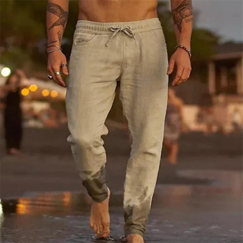 Herren Joggpants mit Kordelzug | Lockere Strandhose atmungsaktiv beige [ Herrenkollektion - Frühling & Sommer '25 - Leinensets ] 69 - Herren Joggpants mit Kordelzug Gratti Paris Khaki S 