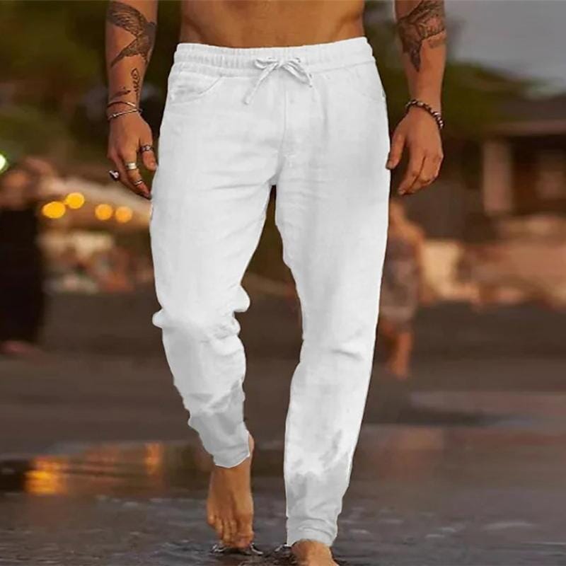 Herren Joggpants mit Kordelzug | Lockere Strandhose atmungsaktiv beige [ Herrenkollektion - Frühling & Sommer '25 - Leinensets ] 69 - Herren Joggpants mit Kordelzug Gratti Paris Weiß S 