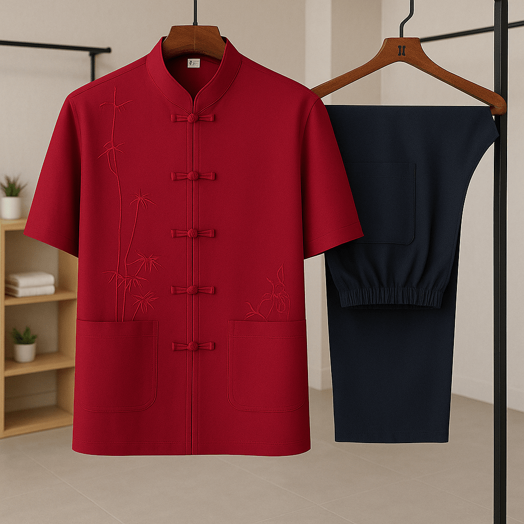 Herren Kung Fu Anzug | Traditionelles Stehkragen Set [ Herrenkollektion - Leinensets - Frühling & Sommer '25 ] 43 - Herren Kung Fu Anzug Gratti Paris Rot XS 