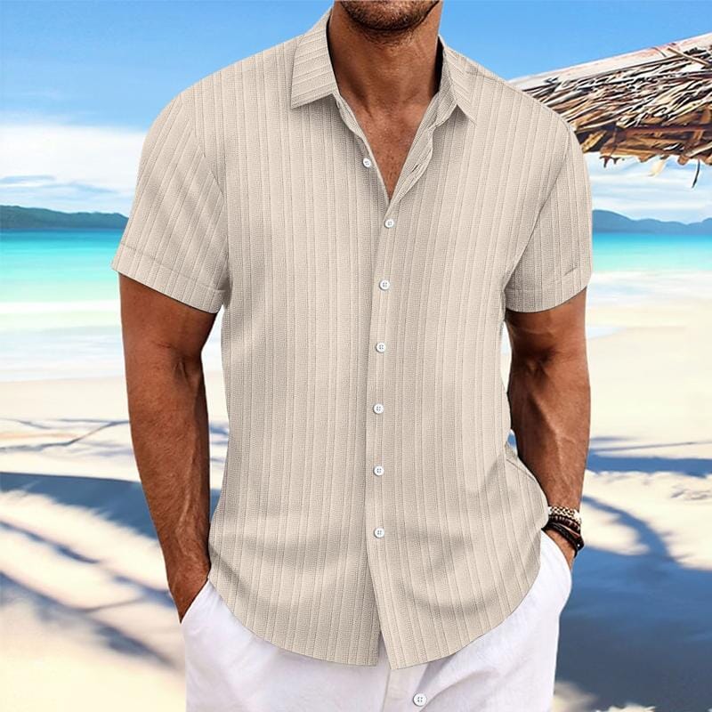 Herren Kurzarmhemd Leinenoptik | Lässiges Sommerhemd mit Rippenstruktur grün [ Herrenkollektion - Leinenhemden - Frühling & Sommer '25 ] 103 - Herren Kurzarmhemd Leinenoptik Gratti Paris Khaki S 