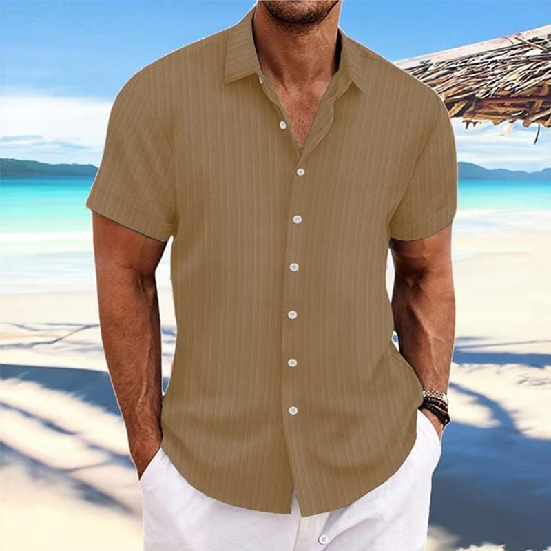 Herren Kurzarmhemd Leinenoptik | Lässiges Sommerhemd mit Rippenstruktur grün [ Herrenkollektion - Leinenhemden - Frühling & Sommer '25 ] 103 - Herren Kurzarmhemd Leinenoptik Gratti Paris Hellbraun S 