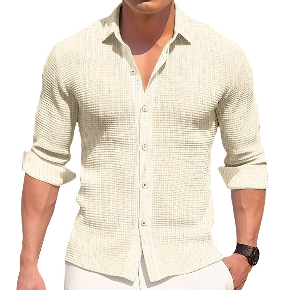 Herren Langarm Hemd Slim Fit | Gestricktes Hemd mit Rippenstruktur weiß [ Herrenkollektion - Langarmhemden - Sommerlangarm ] 33 - Herren Langarm Hemd Slim Fit Gratti Paris Beige S 