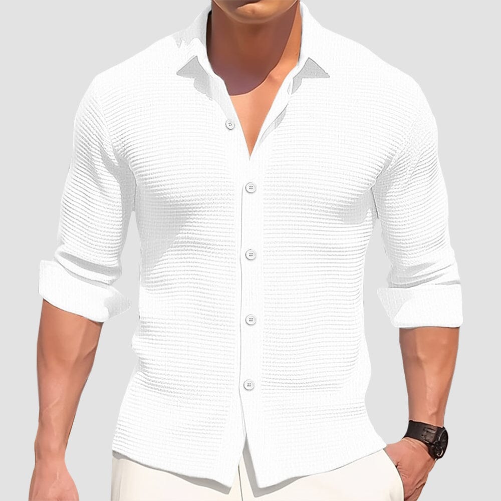 Herren Langarm Hemd Slim Fit | Gestricktes Hemd mit Rippenstruktur weiß [ Herrenkollektion - Langarmhemden - Sommerlangarm ] 33 - Herren Langarm Hemd Slim Fit Gratti Paris Weiß S 