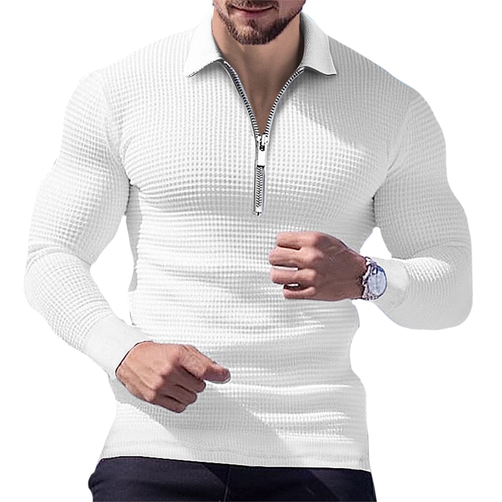 Herren Langarm Polohemd Reißverschluss | Muskelshirt Slim Fit Waffelstruktur [ Herrenkollektion - Langarmhemden - Poloshirts ] 18 - Herren Langarm Polohemd Reißverschluss Gratti Paris Weiß S 