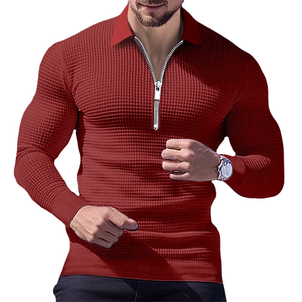Herren Langarm Polohemd Reißverschluss | Muskelshirt Slim Fit Waffelstruktur [ Herrenkollektion - Langarmhemden - Poloshirts ] 18 - Herren Langarm Polohemd Reißverschluss Gratti Paris Rot S 