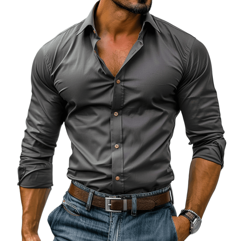 Herren Langarmhemd Slim Fit | Figurbetontes Freizeithemd dunkelgrau [ Herrenkollektion - Langarmhemden - Sommerlangarm ] 74 - Herren Langarmhemd Slim Fit Gratti Paris 