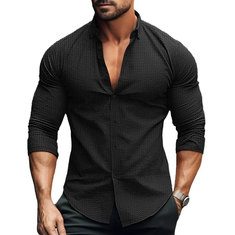 Herren Langarmhemd Slim Fit | Waffelstruktur Freizeithemd schwarz [ Herrenkollektion - Langarmhemden - Sommerlangarm ] 79 - Herren Langarmhemd Slim Fit Gratti Paris 