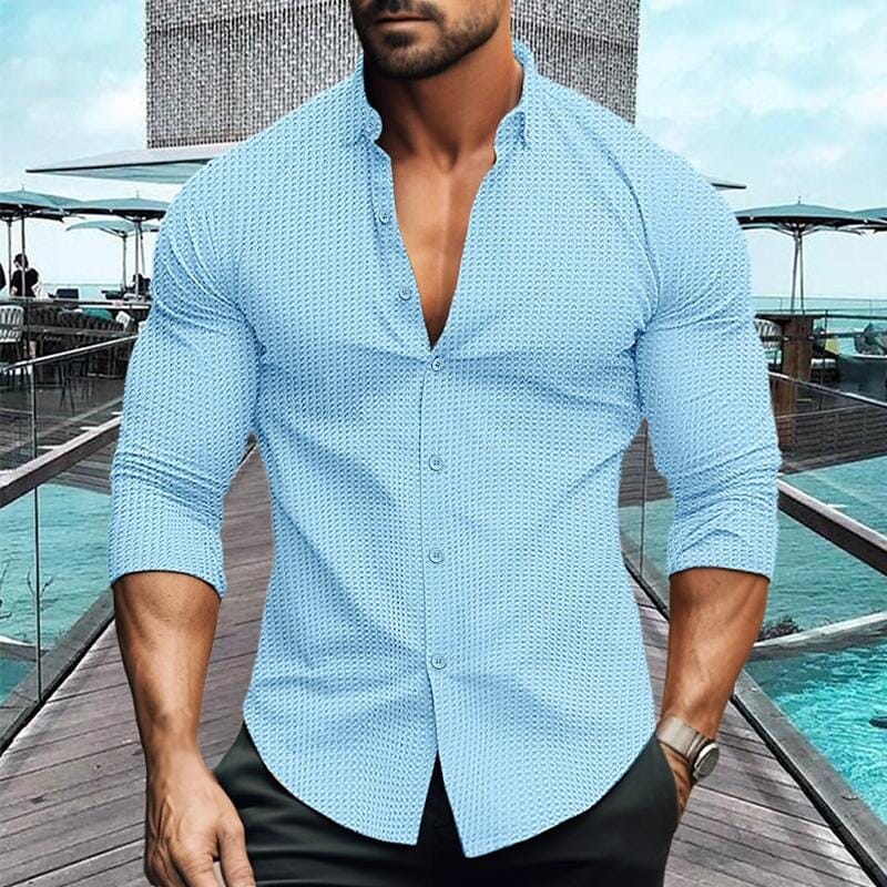 Herren Langarmhemd Slim Fit | Waffelstruktur Freizeithemd schwarz [ Herrenkollektion - Langarmhemden - Sommerlangarm ] 79 - Herren Langarmhemd Slim Fit Gratti Paris Blau M 