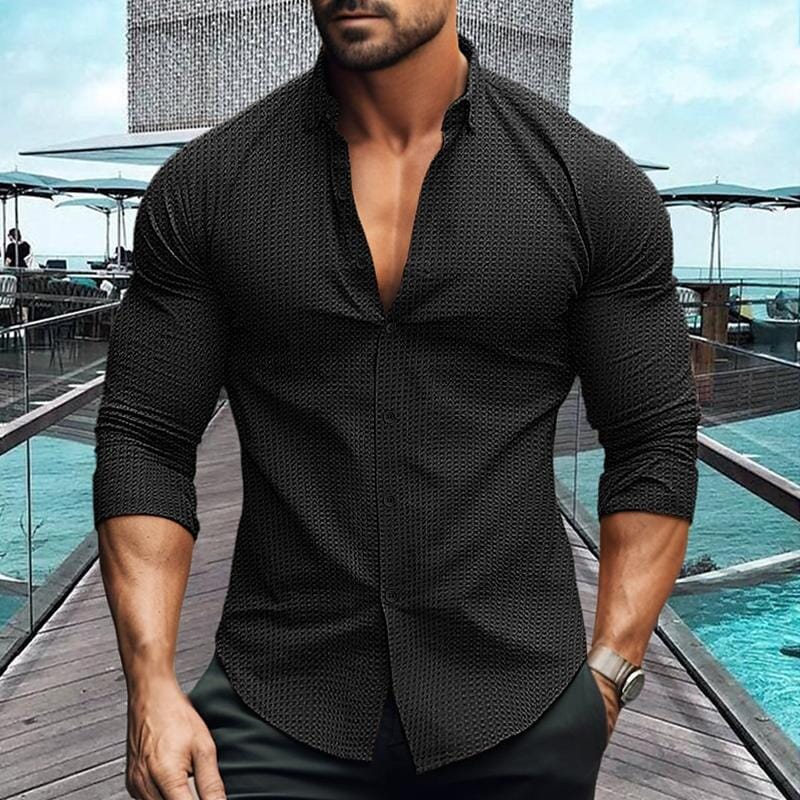 Herren Langarmhemd Slim Fit | Waffelstruktur Freizeithemd schwarz [ Herrenkollektion - Langarmhemden - Sommerlangarm ] 79 - Herren Langarmhemd Slim Fit Gratti Paris Schwarz M 