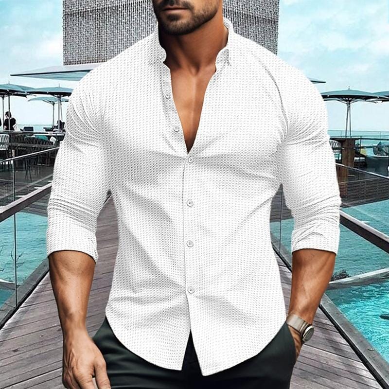 Herren Langarmhemd Slim Fit | Waffelstruktur Freizeithemd schwarz [ Herrenkollektion - Langarmhemden - Sommerlangarm ] 79 - Herren Langarmhemd Slim Fit Gratti Paris Weiß M 