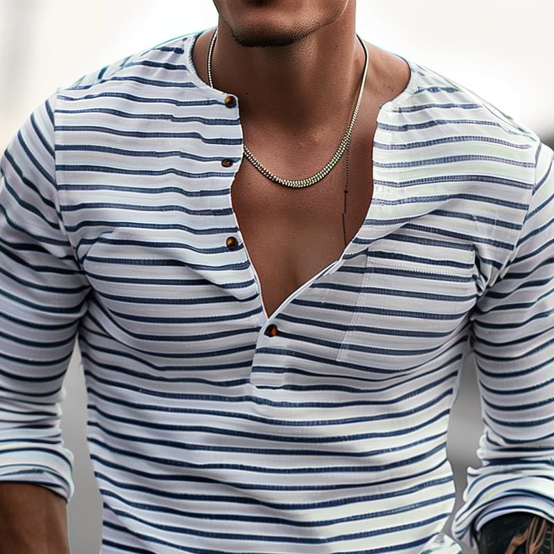 Herren Langarmshirt Henley gestreift | Lässiges Freizeithemd mit Knopfleiste blau-weiß [ Herrenkollektion - Langarmhemden - Sommerlangarm ] 143 - Herren Langarmshirt Henley gestreift Gratti Paris 