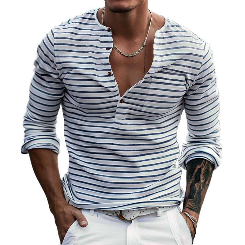 Herren Langarmshirt Henley gestreift | Lässiges Freizeithemd mit Knopfleiste blau-weiß [ Herrenkollektion - Langarmhemden - Sommerlangarm ] 143 - Herren Langarmshirt Henley gestreift Gratti Paris 