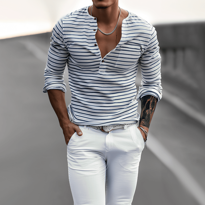 Herren Langarmshirt Henley gestreift | Lässiges Freizeithemd mit Knopfleiste blau-weiß [ Herrenkollektion - Langarmhemden - Sommerlangarm ] 143 - Herren Langarmshirt Henley gestreift Gratti Paris 