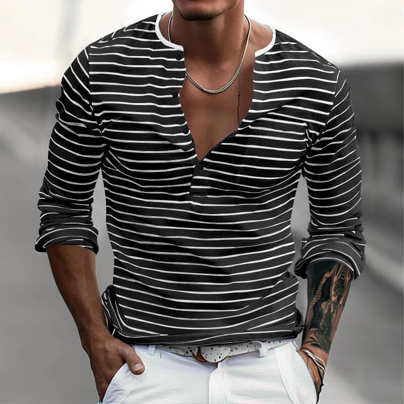 Herren Langarmshirt Henley gestreift | Lässiges Freizeithemd mit Knopfleiste blau-weiß [ Herrenkollektion - Langarmhemden - Sommerlangarm ] 143 - Herren Langarmshirt Henley gestreift Gratti Paris Schwarz S 