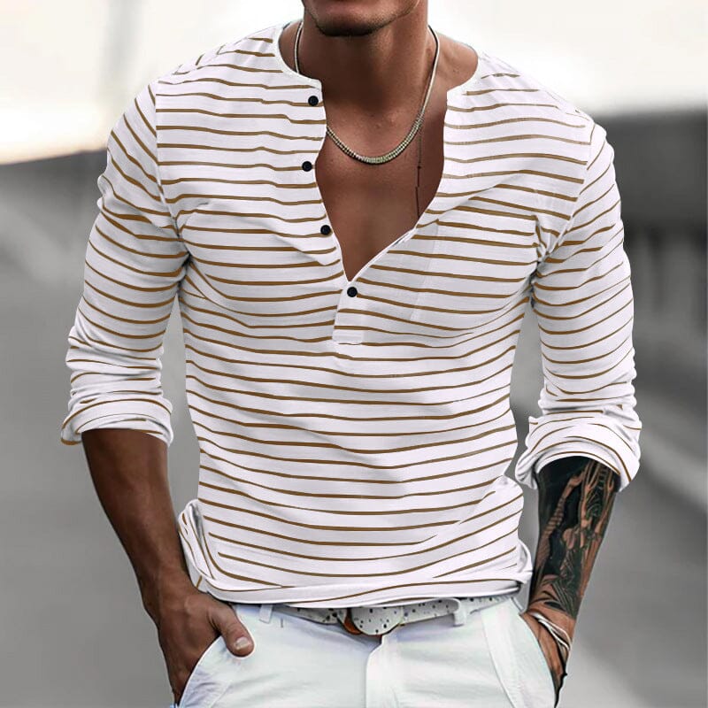 Herren Langarmshirt Henley gestreift | Lässiges Freizeithemd mit Knopfleiste blau-weiß [ Herrenkollektion - Langarmhemden - Sommerlangarm ] 143 - Herren Langarmshirt Henley gestreift Gratti Paris Apricot S 