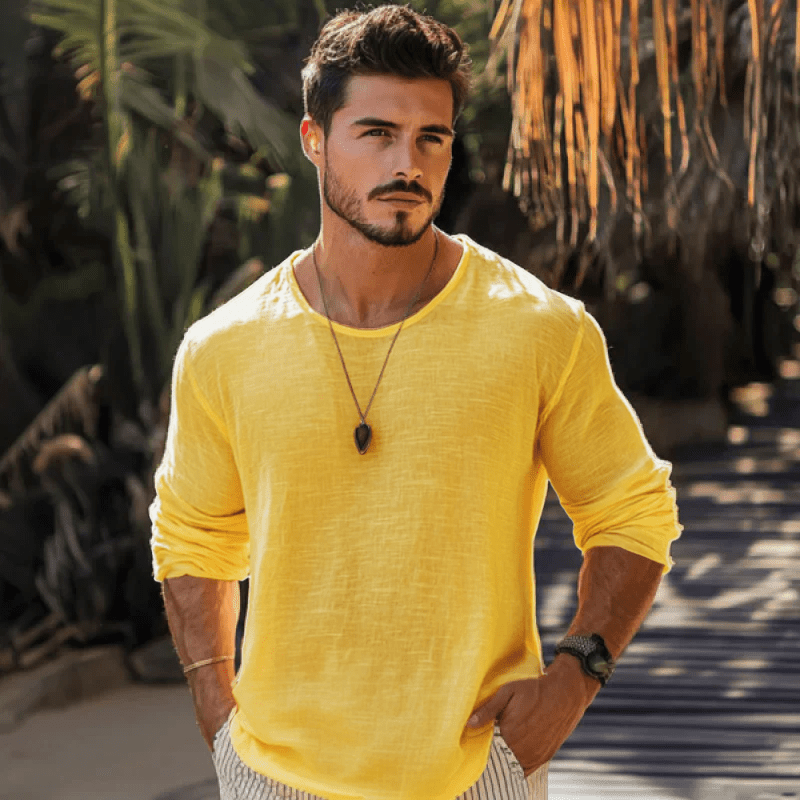 Herren Langarmshirt Leinenoptik | Lässiges Sommerhemd Oversized gelb [ Herrenkollektion - Leinenhemden - Langarmhemden ] 152 - Herren Langarmshirt Leinenoptik Gratti Paris 