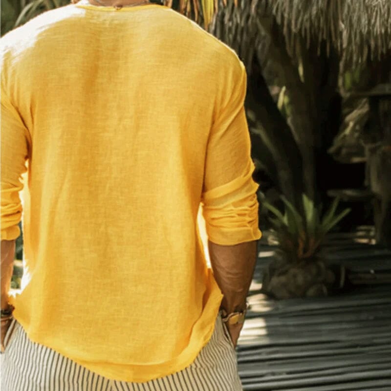 Herren Langarmshirt Leinenoptik | Lässiges Sommerhemd Oversized gelb [ Herrenkollektion - Leinenhemden - Langarmhemden ] 152 - Herren Langarmshirt Leinenoptik Gratti Paris 