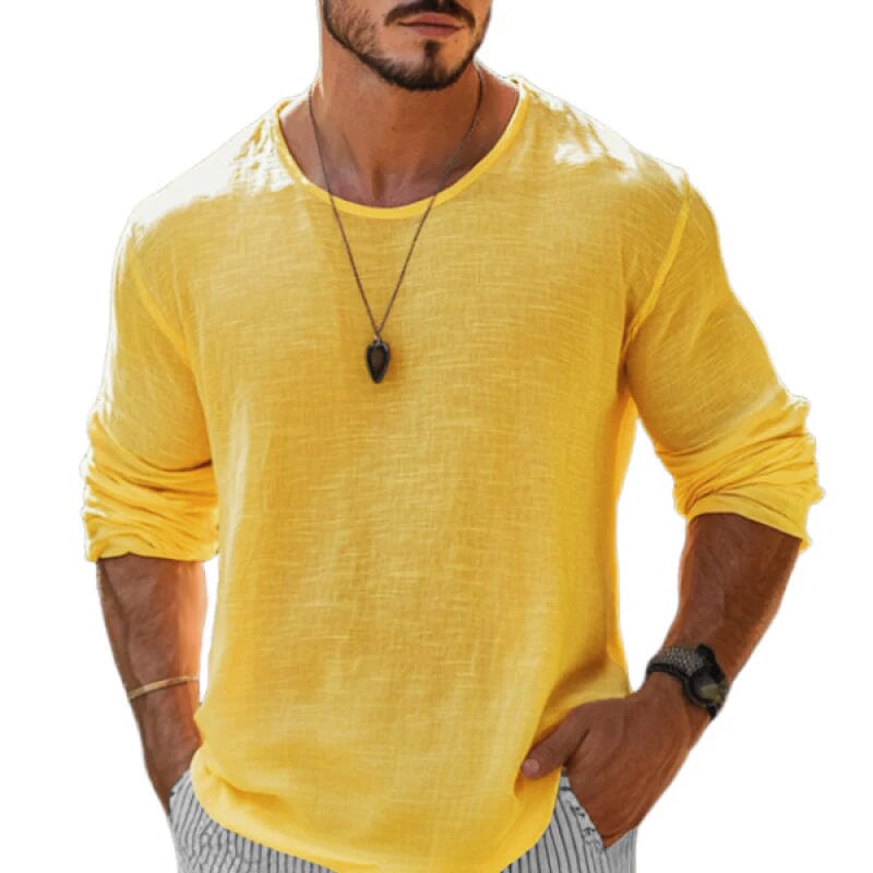 Herren Langarmshirt Leinenoptik | Lässiges Sommerhemd Oversized gelb [ Herrenkollektion - Leinenhemden - Langarmhemden ] 152 - Herren Langarmshirt Leinenoptik Gratti Paris Gelb S 