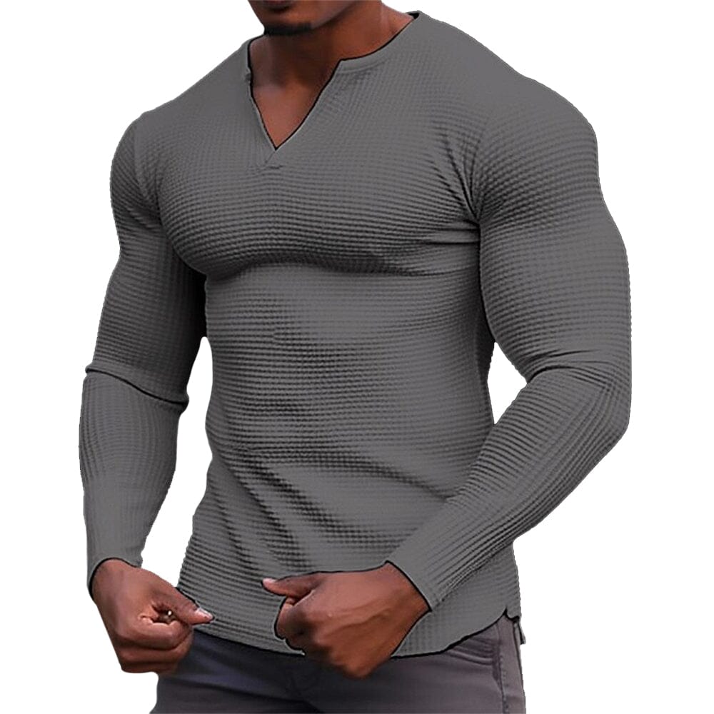 Herren Langarmshirt mit V-Ausschnitt | Muskelshirt Slim Fit mit Rippenstruktur [ Herrenkollektion - Hemden - Langarmhemden ] 20 - Herren Langarmshirt mit V-Ausschnitt Gratti Paris Grau S 